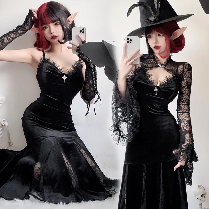 Dark goth halloween costume black dress long sexy witch costume