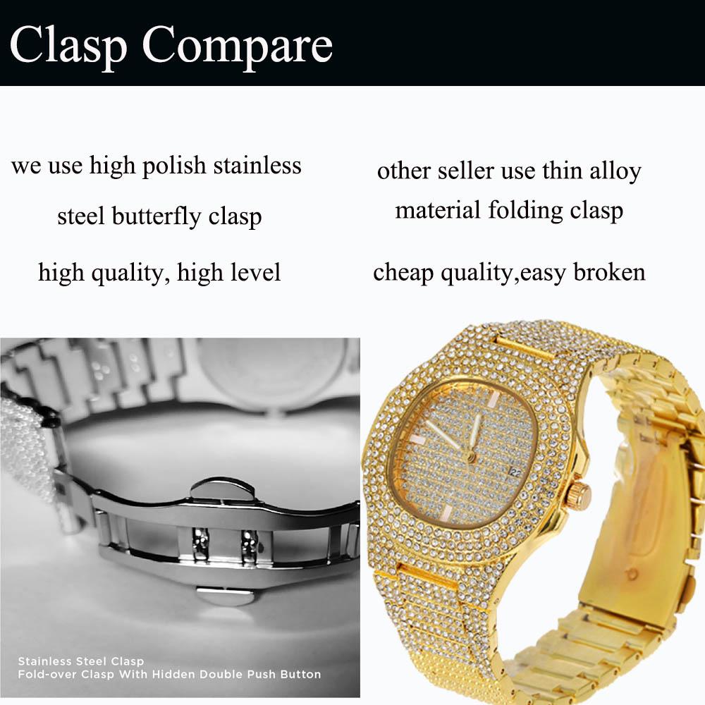 Luxury Quartz Watch For Men Automatic Date Hip Hop Full Iced Diamond Clock Fashion Watch Men Waterproof Square WristWatch