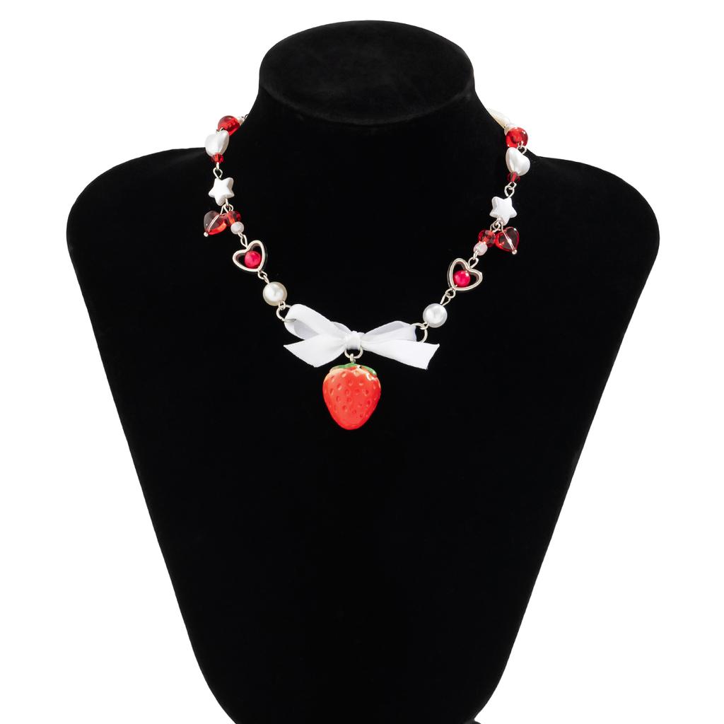 Salircon Korean Cute Red Strawberry Pendant Collar Necklace Gothic Heart Shaped Imitation Pearl Chain Choker Trend Jewelry