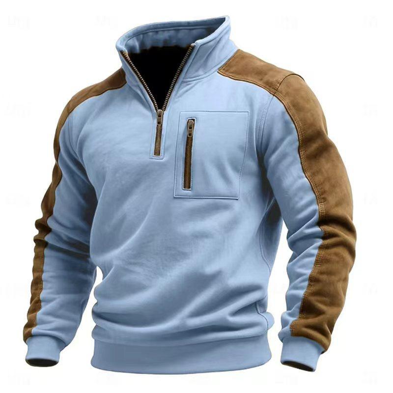 Men's Stand-up Collar Pullover Zipper Sweatshirt with Color-blocking and Fashionable, Casual and Warm Men's Sweatshirt