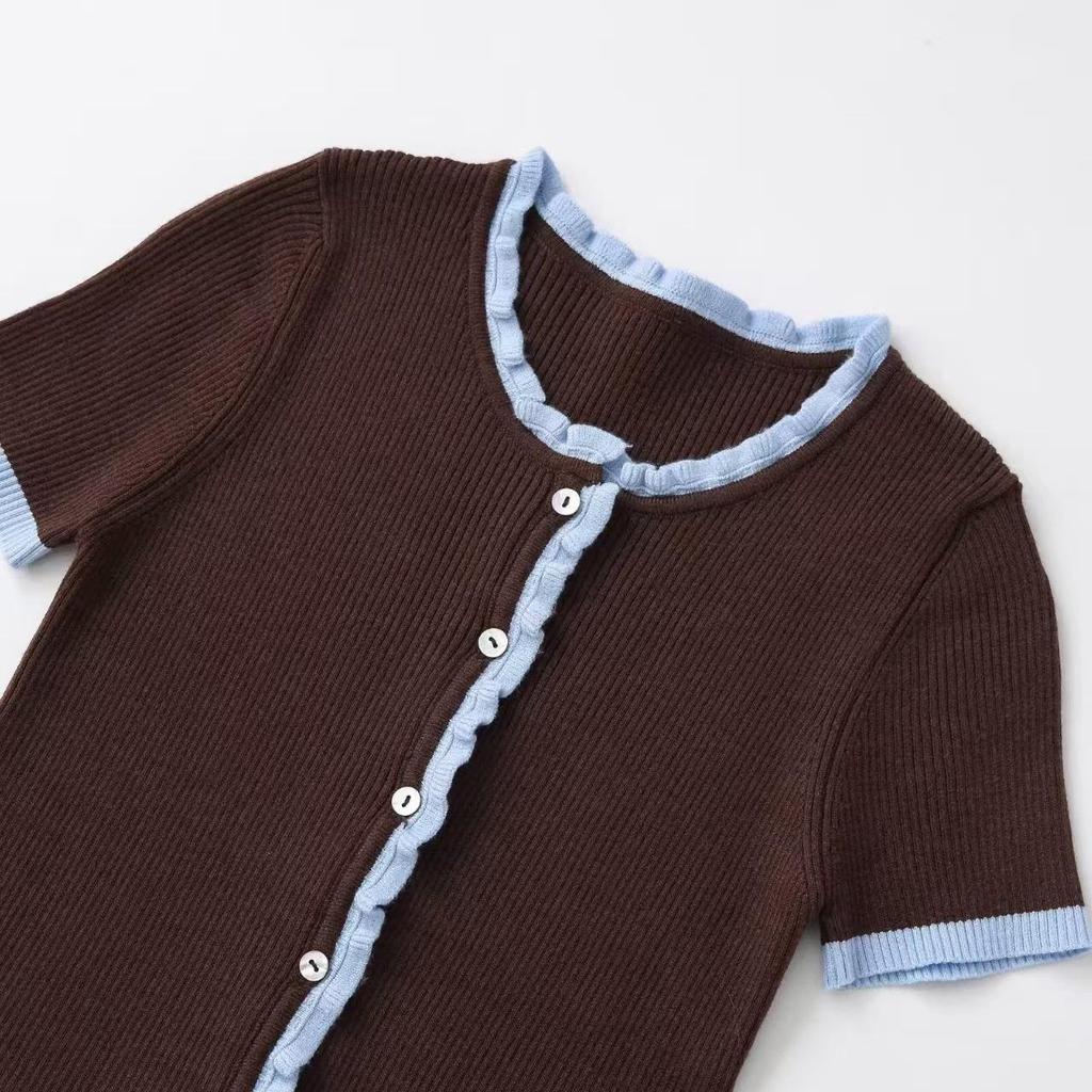 ZA Dames Herfst Winter Kleurblok Korte Mouw Gebreide Kleding