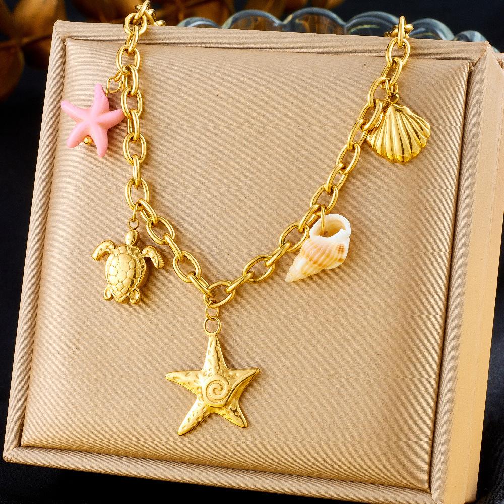 Fashion Vacation Ocean Drop Oil Dolphin Pearl Shell Starfish Chunky Chain Necklace