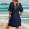 Women Summer Dress V Neck Short Sleeves Pleated High Waist Beach Coverup Loose Mini Dress Lace-up Tassel Strap Backless Slit Hem Dress