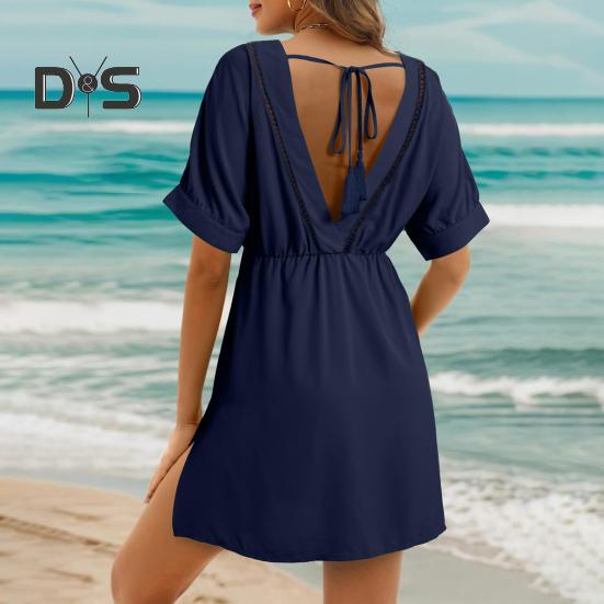 Women Summer Dress V Neck Short Sleeves Pleated High Waist Beach Coverup Loose Mini Dress Lace-up Tassel Strap Backless Slit Hem Dress