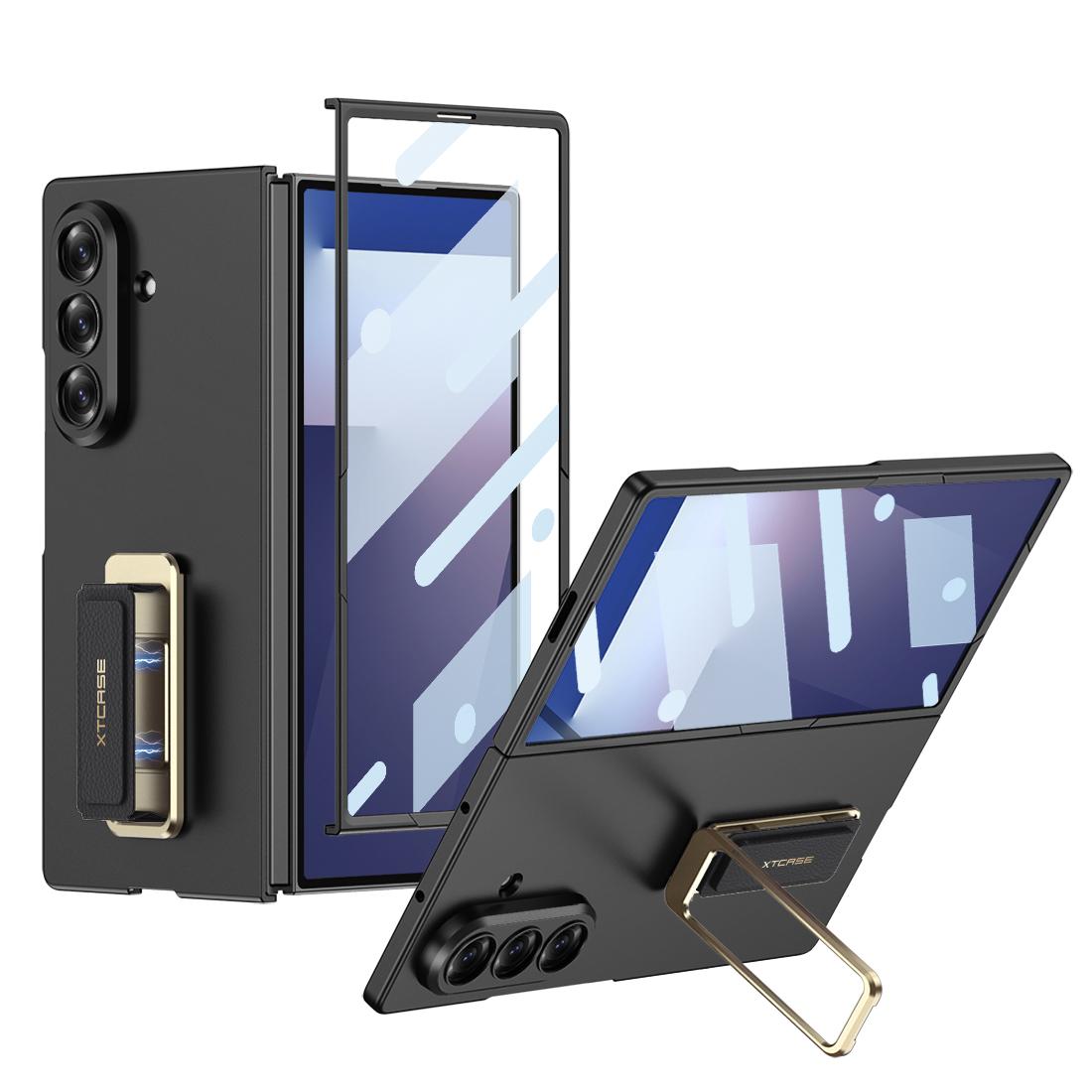 

GKK For Samsung Galaxy Z Fold7 5G Case with Kickstand/Magnetic Strap PC Tempered Glass Phone Cover Black