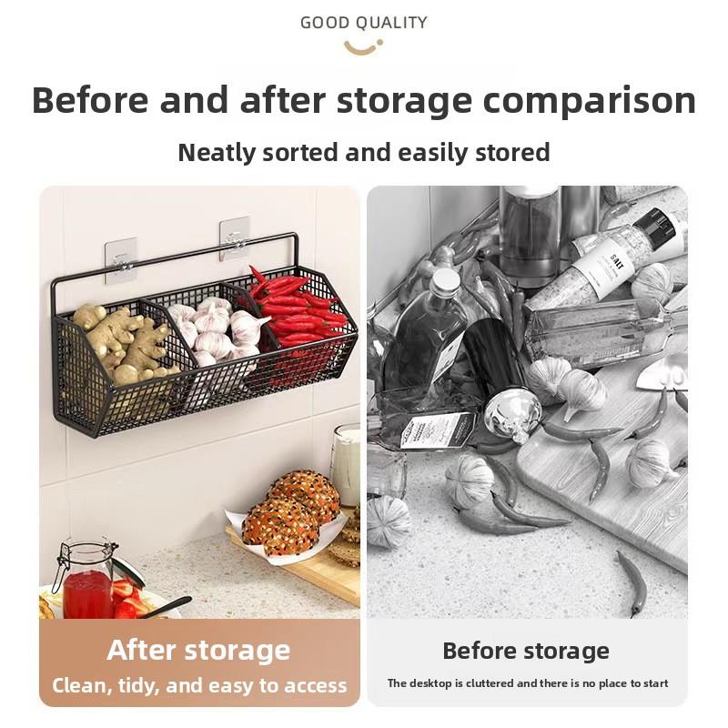 Wall-Mounted Green Onion Ginger Garlic Storage Rack Punch-Free Kitchen Multi-Functional Basket Organizer for Spices And Herbs