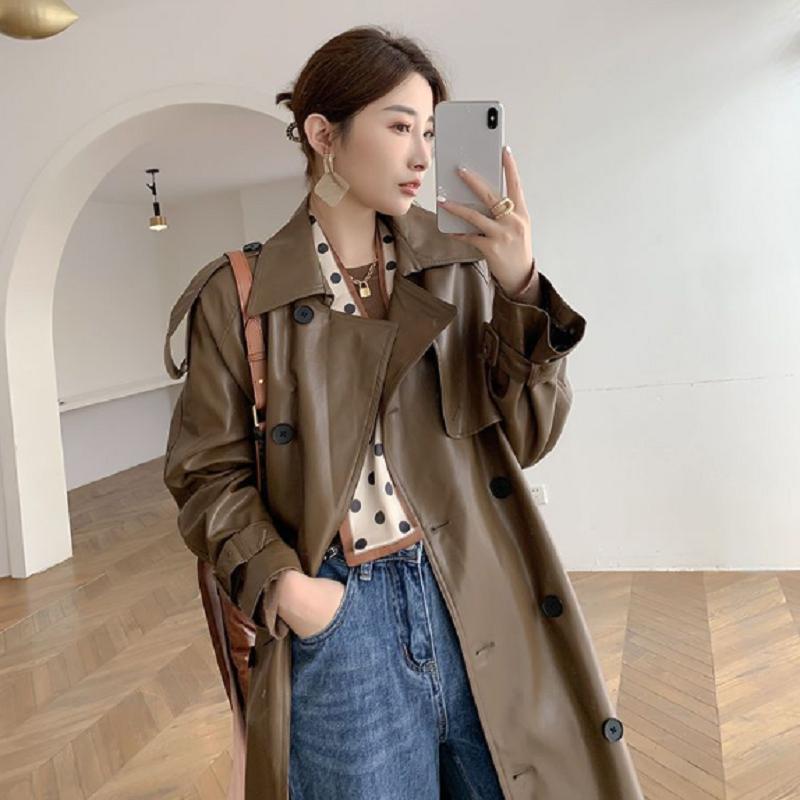 Autumn Faux Leather Long Trench Coat Women Black Double Breasted Korean Fashion Moto Jacket Streetwear Lady Outerwear Chic Coats