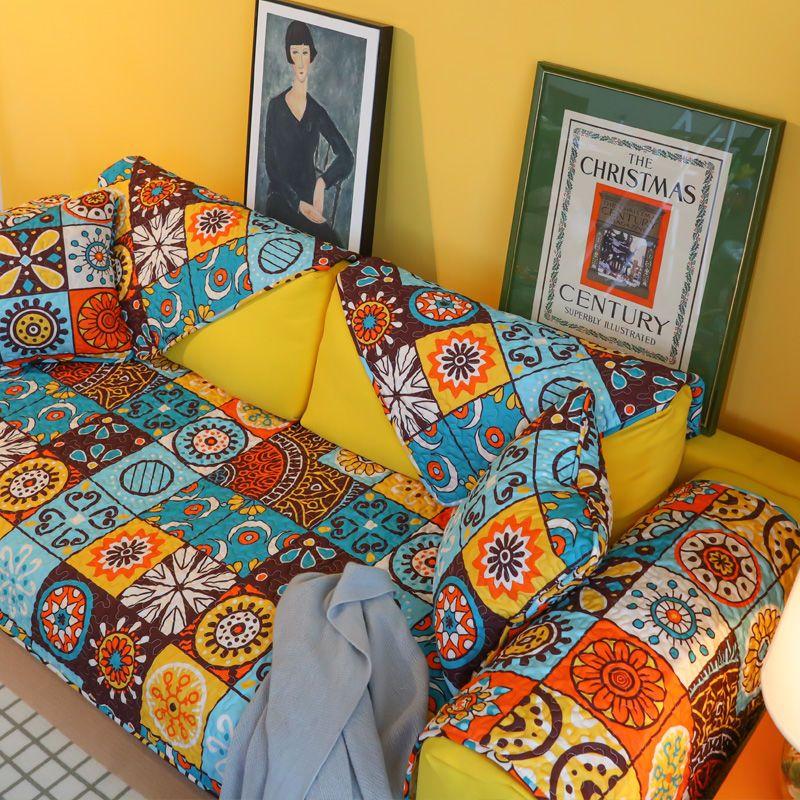 Pure Cotton Anti Slip Wear Resistant Sofa Mat Checkered Patchwork Pattern Settee Towel Bohemian Geometric Patterns Sofa Cover