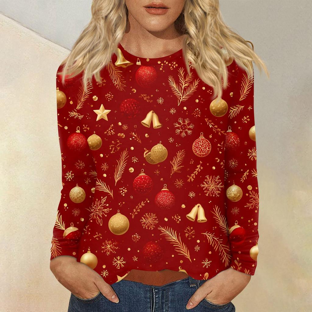 Women's Fashion Casual Christmas Printed Round Neck Long Sleeve Pullover Top