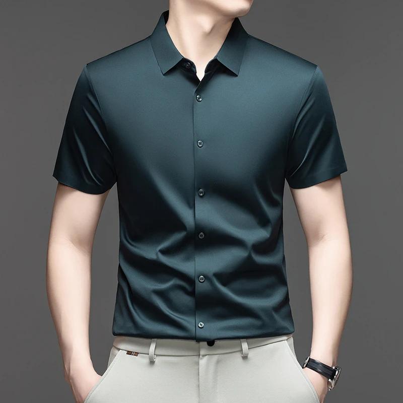 Summer Men Short Sleeve Button Up Shirt Ice Silk Casual Business Formal Shirt Breathable Wrinkle Free