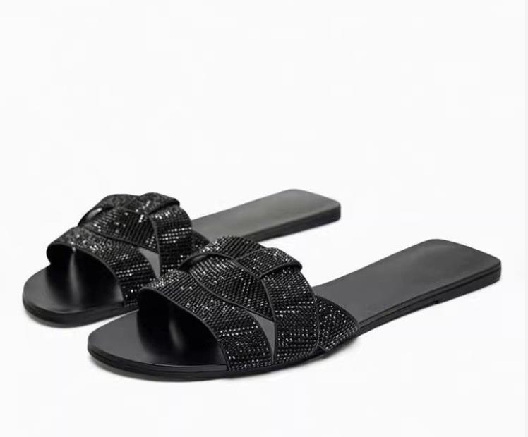 

Модные женские тапочки с бриллиантами, обувь, модные повседневные шлепанцы на толстой подошве, сандалии, плоские женские однотонные сандалии со стразами 35