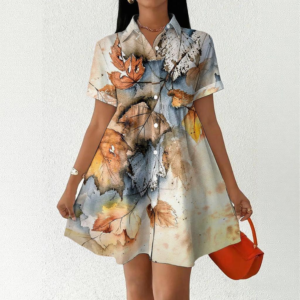 Casual Loose Fit Shirt Dress with Button Front and Stand Collar Short Sleeve Lightweight Summer Dress for Women