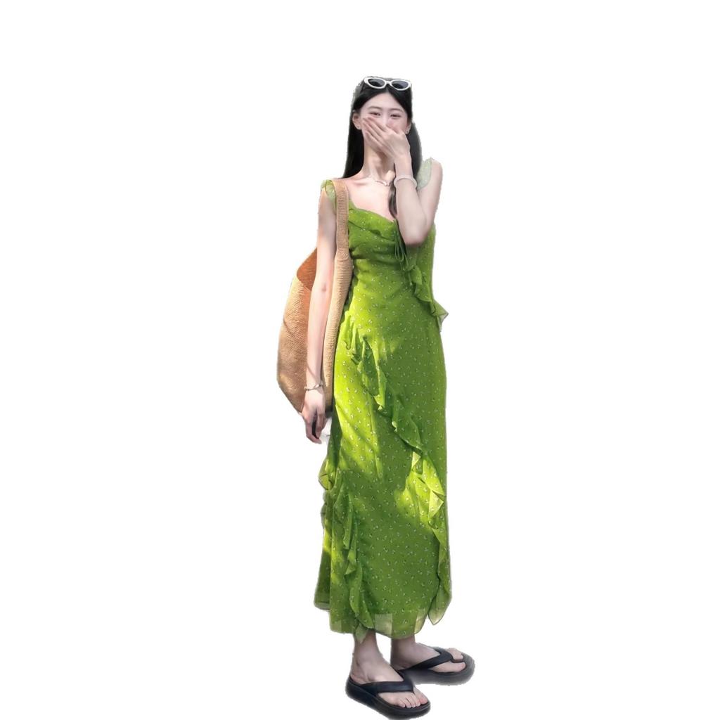 2026 new summer new lotus leaf edge green floral suspender dress women's summer Sanya seaside slim dress