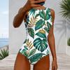 Women Plus Size High Round Neck Sleeveless One Piece Swimsuit White Tropical Leaf Floral Printed