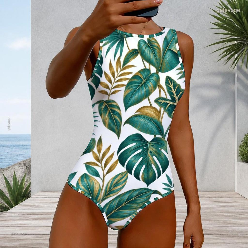 Women Plus Size High Round Neck Sleeveless One Piece Swimsuit White Tropical Leaf Floral Printed
