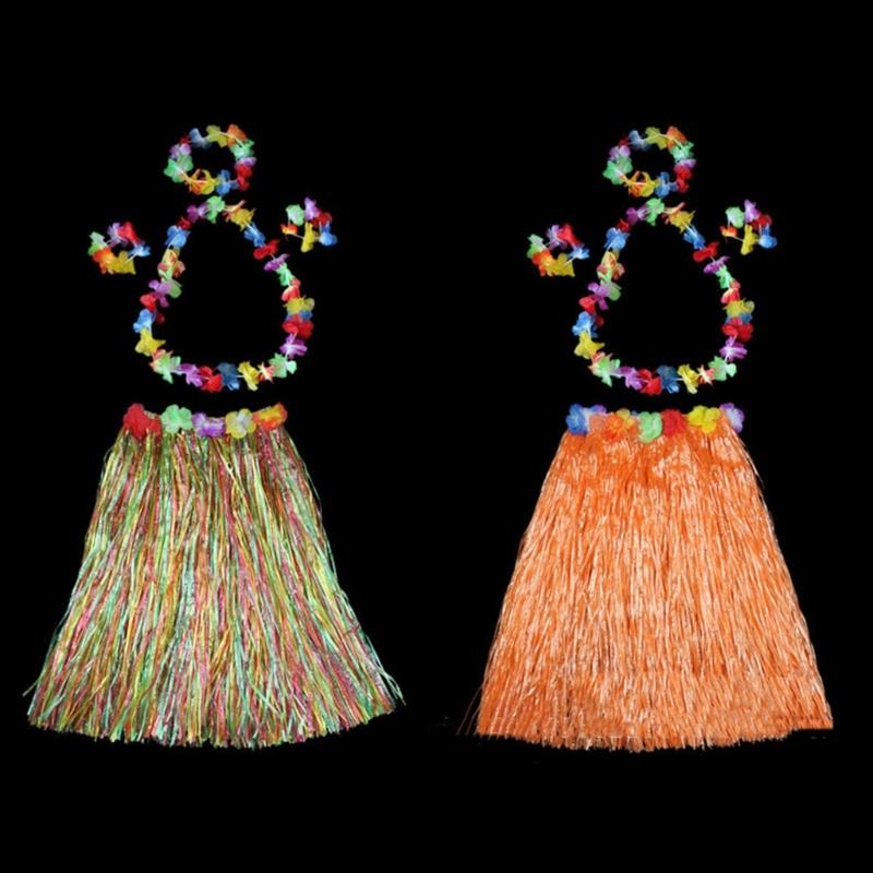 Hawaiian Hulas Grass Skirt with Flower Costume Outfits Set Necklace Headband Bracelet for Luaus Tropical Beach Party Decor