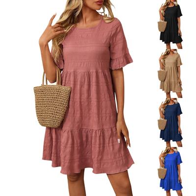 Women's Fashionable Solid Color Round Neck Casual Short Sleeved Pullover Dress