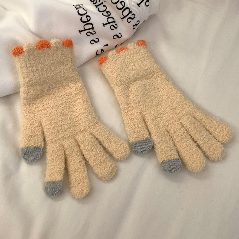 Small Jelly Bean Coral Velvet Knitted Woolen Gloves for Women Cold Proof  Thickened  Warm  Touch Screen Autumn and Winter