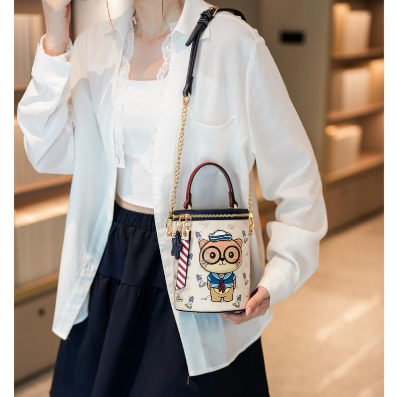 BEIBAOBAO New Cute Cartoon Cat Round Handbags High Texture PU Waterproof Women's One Shoulder Bag Popular Niche Small Basket Bags for Goddess Day Gift