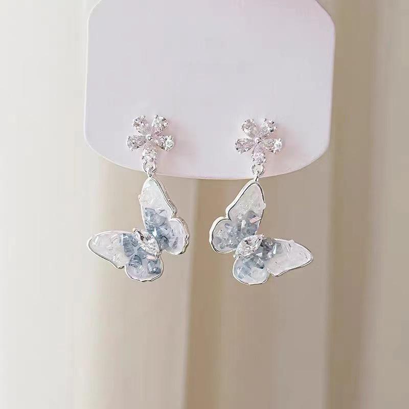 Exquisite Clear Blue Crystal Butterfly Zirconia Earrings for Women - Versatile and Elegant Summer Ear Studs