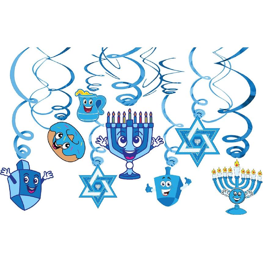 Hanukkah Swirl Decorations - 15 Foil Swirls with Menorah, Dreidel and Star Cutouts - Blue and White Chanukah Decor