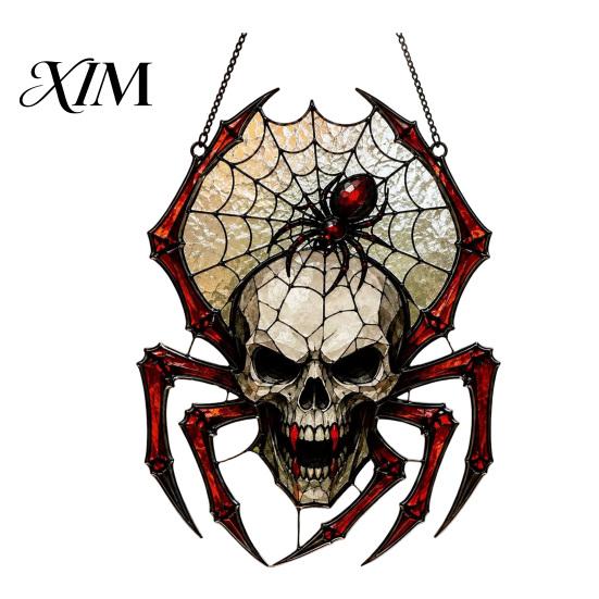 Tiffany Style Stained Glass Effect Halloween Wind Chime Skull Spider Suncatcher, Double Side Printed Acrylic Window Hanging Ornaments Ornament,