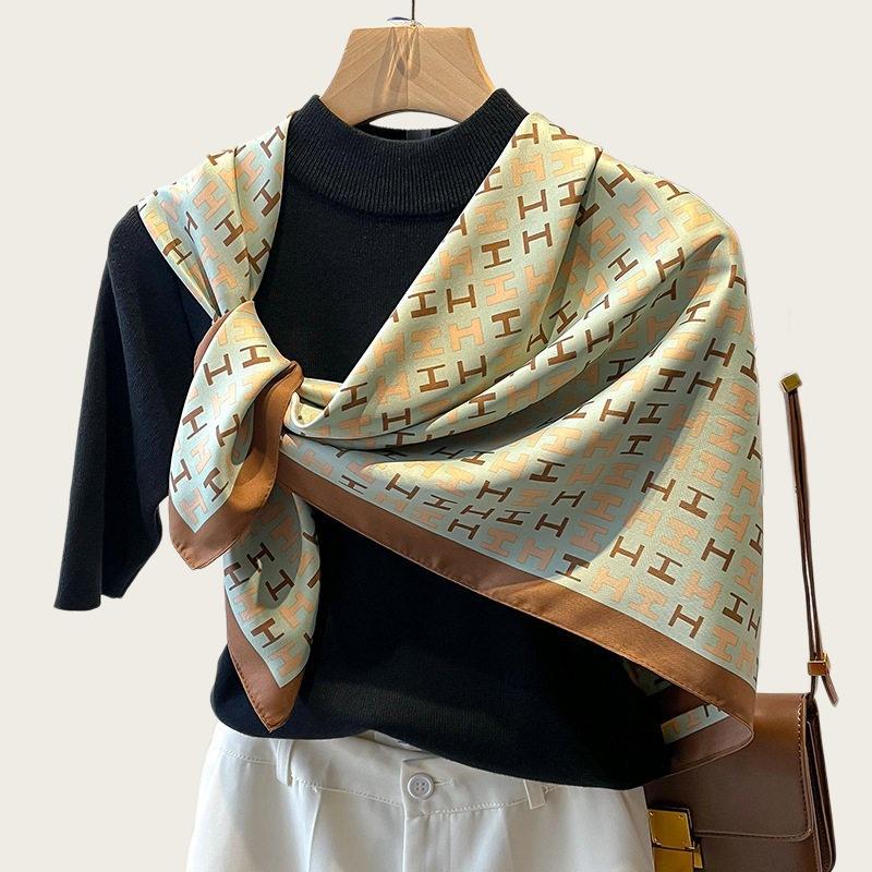 Temperament navy blue beige twill smooth silk scarf square scarf 91cm versatile square scarf shawl spring and autumn new scarf