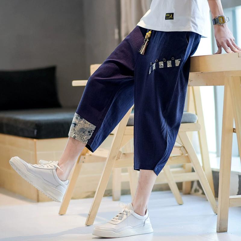 

Летние льняные брюки, укороченные шорты в китайском стиле, мужские повседневные брюки больших размеров, укороченные брюки из хлопка и льна с эластичной резинкой на талии XXXXXL темно-синий