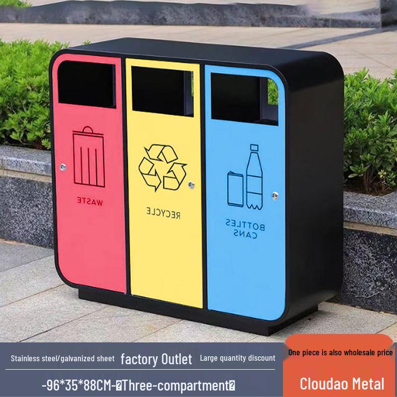 Large Outdoor Stainless Steel Trash Can with Three or Four Compartments for Streets, Parks, and Communities