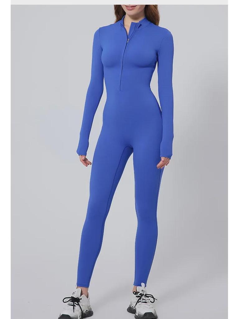 Dámský nahý overal na jógu s dlouhým rukávem a zipem pro běh a fitness