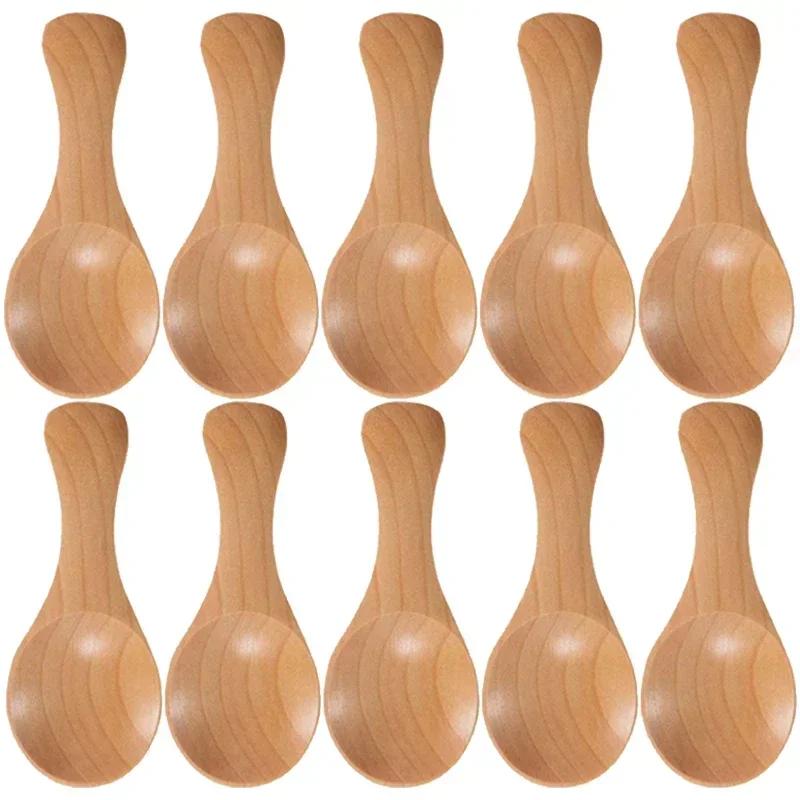 1/10Pcs Wood Soup Spoons Long Handle Coffee Milk Teaspoon Sugar Spice Condiment Scoops Kitchen Tableware Tools Wooden Spoon