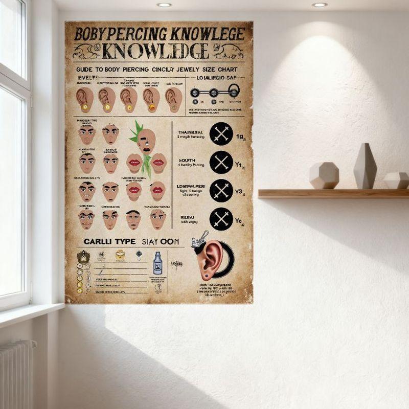 Vintage Body Piercing Knowledge Metal Tin Sign Guide to Ear Facial Jewelry Sizes & Aftercare for Bar Home Decor