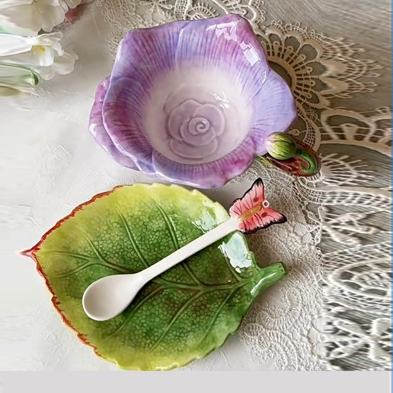 Creative Flower Ceramic Coffee Cup and Saucer Rose Purple Mug Exquisite Afternoon Tea Flower Tea Coffee Cup Embossed Milk Mug