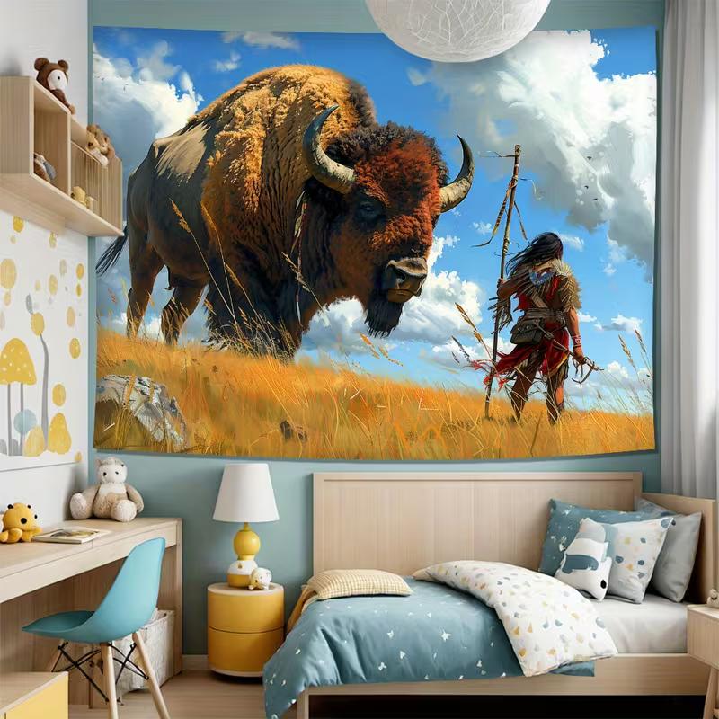 2D Wild West Bison and Native Warrior Art Tapestry Background Cloth for Bedroom Living Room