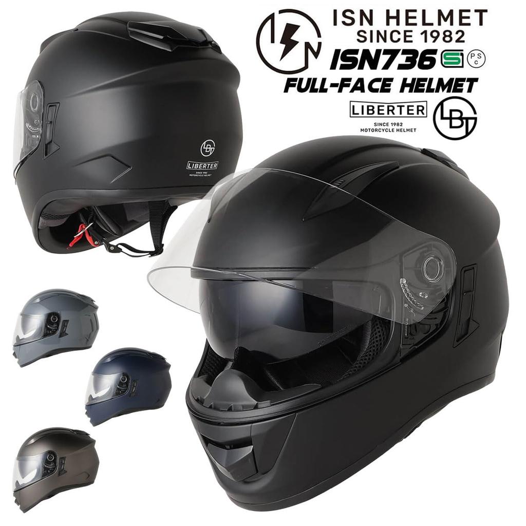 ISHINO SHOKAI LIBERTER 736 Full-Face Motorcycle Helmet, ISN21402, Free Size (Approx. 57-60cm), Matte Black