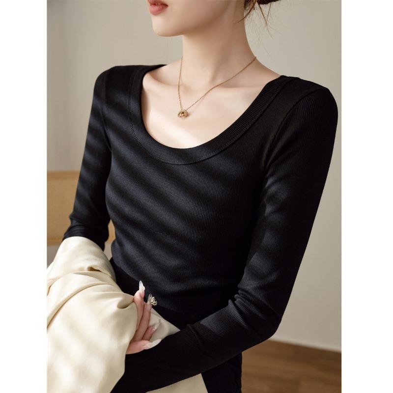 Damen U-Ausschnitt Langarm Figurbetont Einfarbig Lässig Basic Langarmshirt