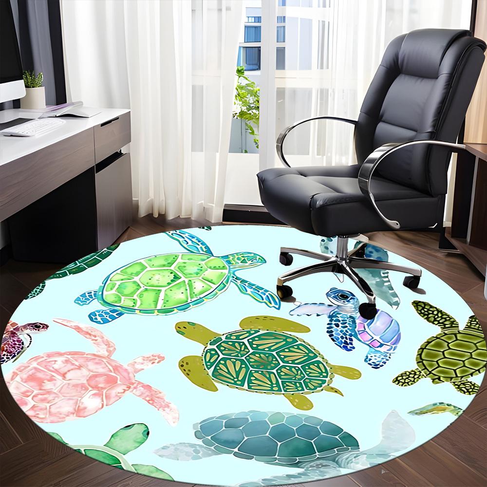 1pc Sea Turtle Print Chair Carpet for Office, Round Polyester Mat, Indoor Decor for Office, Washable Non-slip Carpet yy251219025