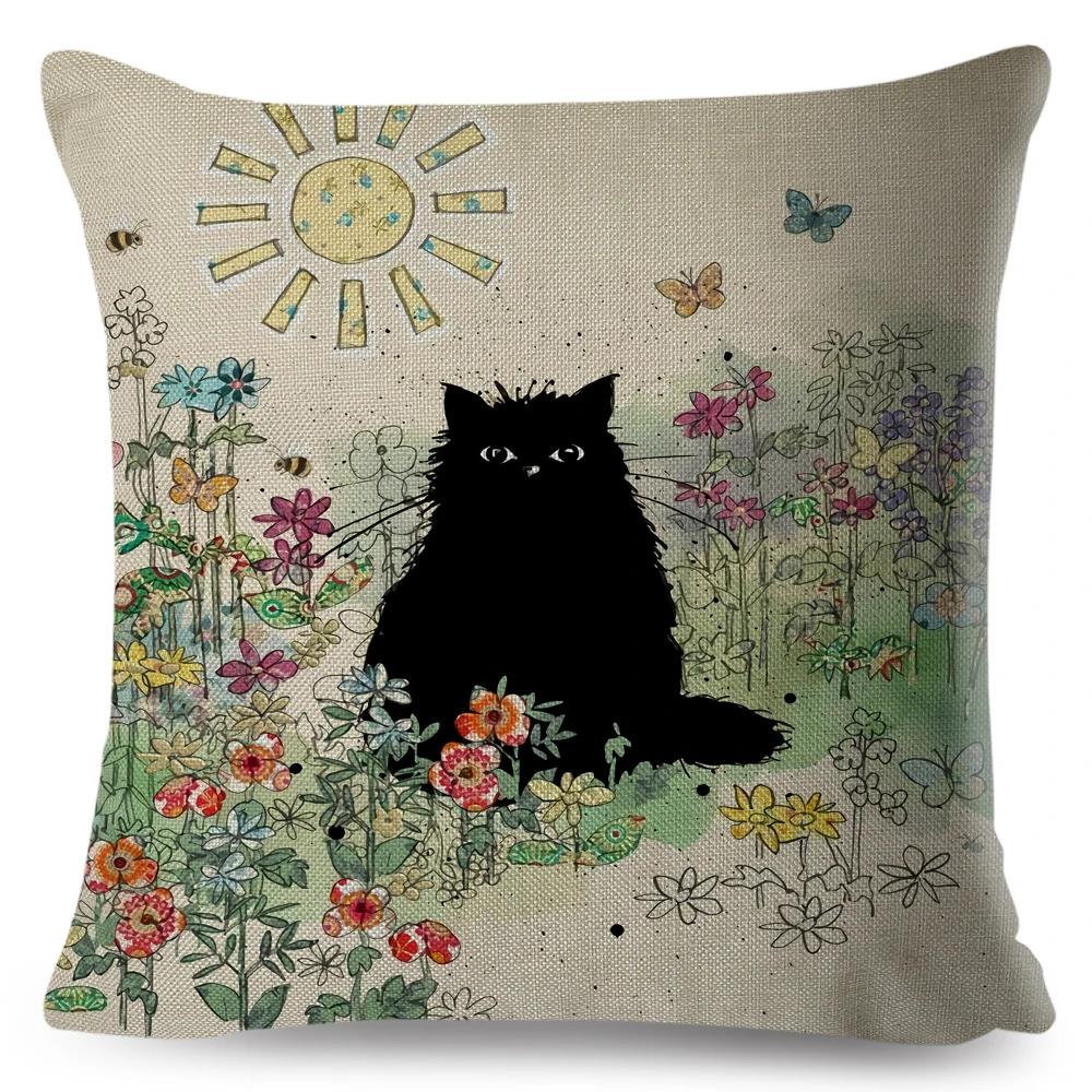 Cute Elegant Black Cat Cushion Cover Double Print Decor Cartoon Animal Pillow Case for Sofa Home Car Linen Throw Pillowcase