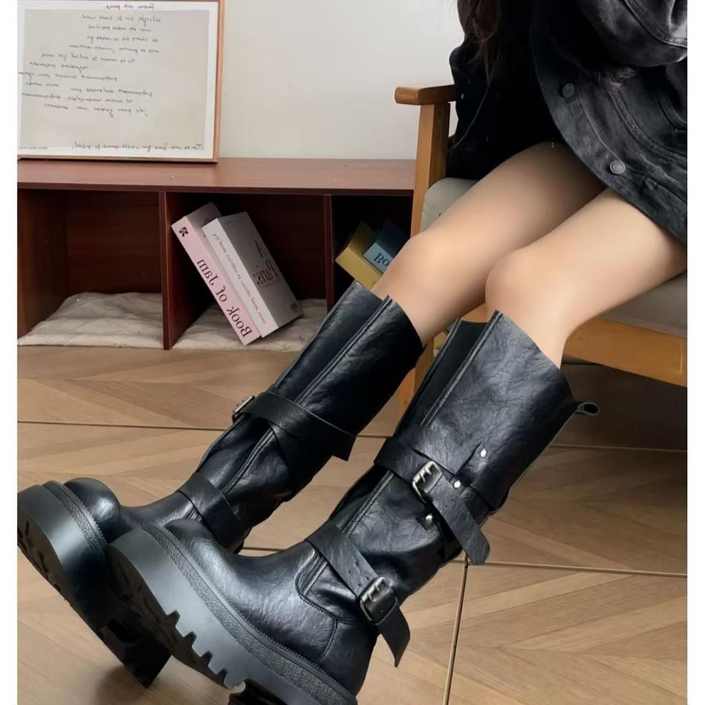 Temperament super fire retro versatile belt buckle boots Maillard but knee boots women's autumn and winter new models