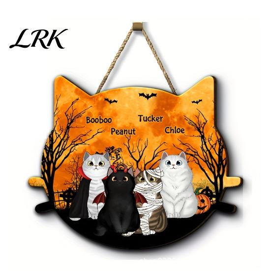 2D Flat Wood Sign Halloween Hanging Door Sign, Cute Cat Wooden Front Pet Name Tag Hanger with Hemp Rope for Porch Wall Indoor Home Decor