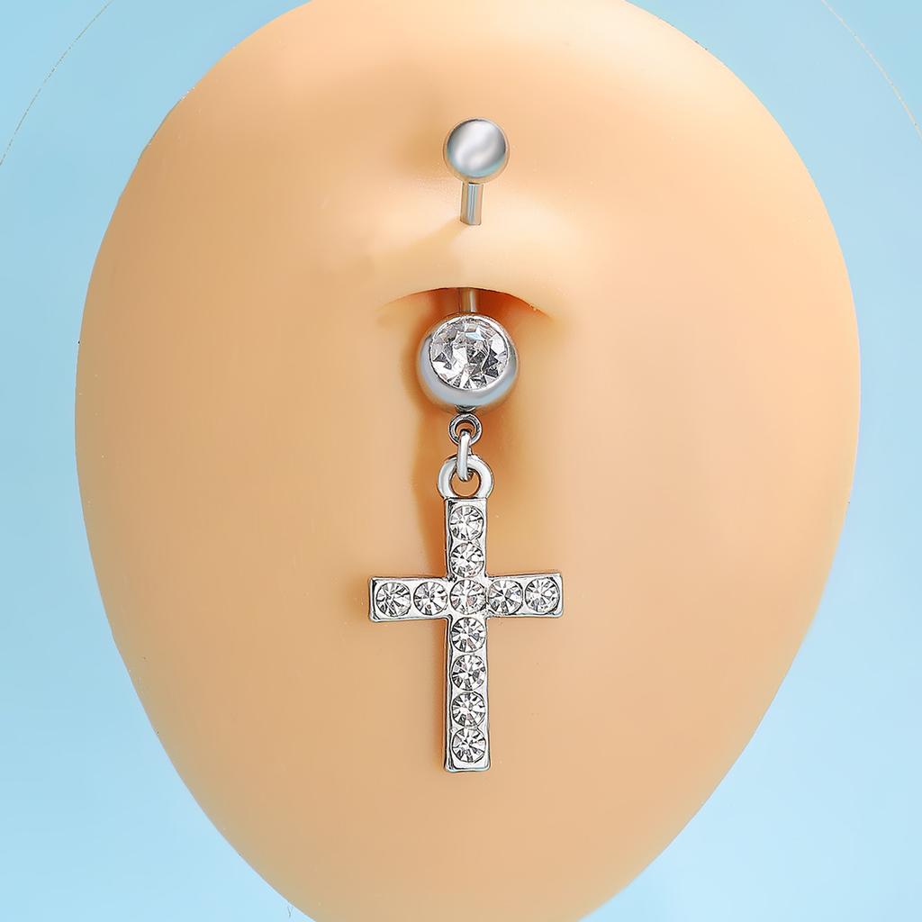 CZ Cross & Heart Belly Button Ring Set, Gold & Silver Tone Dangling Navel Piercing Jewelry