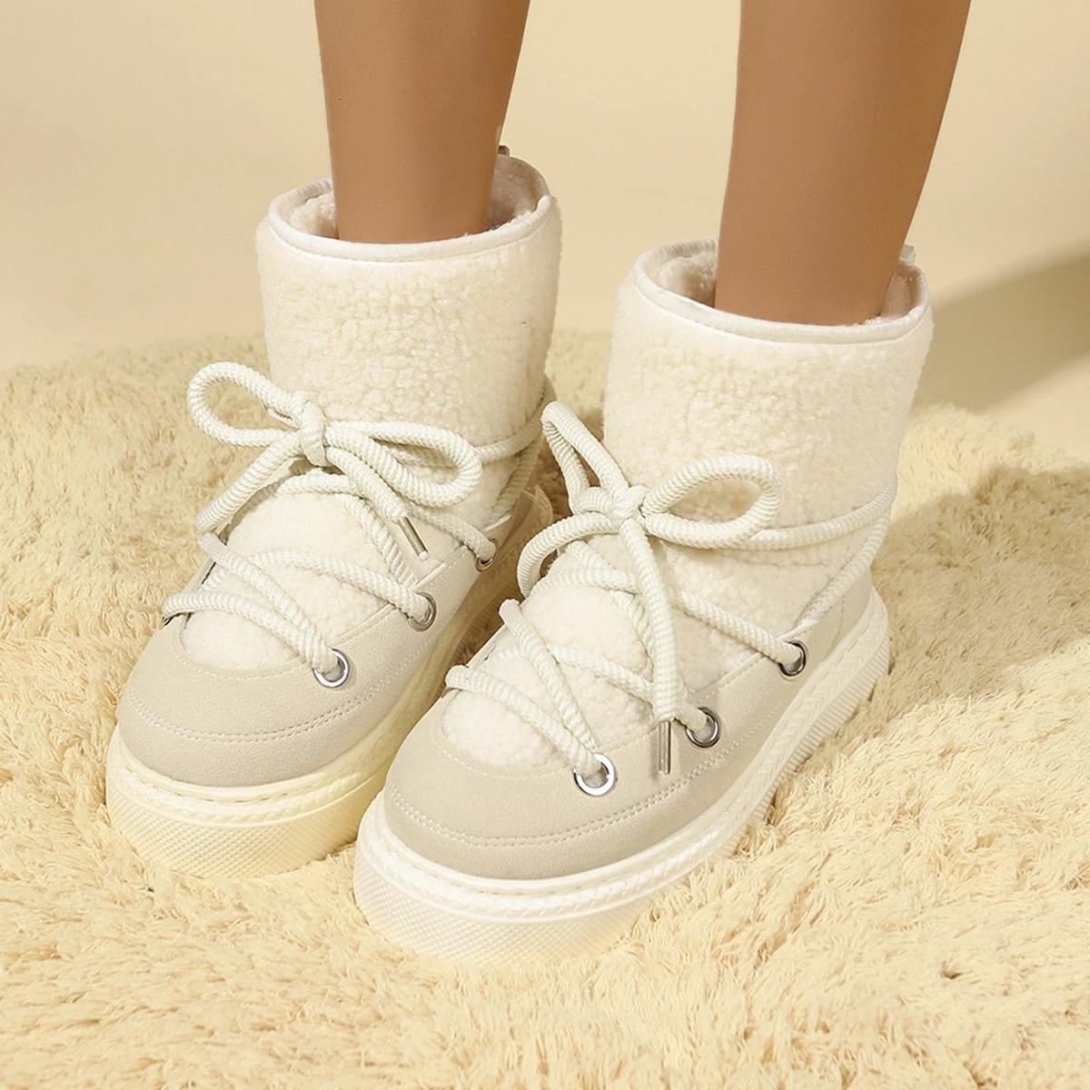 

Модная непродуваемая и теплая зимняя женская обувь 2025 года, новый дизайн со шнуровкой, женские ботинки на платформе, водонепроницаемые, противоскользящие, модные короткие ботинки 36 бежевый