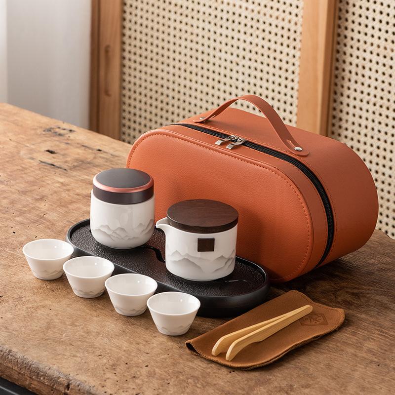 Guochao Travel Tea Set Portable Chinese Style Ink Painting Suet Jade White Porcelain Business Gifts Kuaike Cup