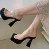 Square Head Transparent Word with Thick Sole Outer Wear Slippers Women's Summer Thick Heel Waterproof Table Small Man Height Increase Super High Heels
