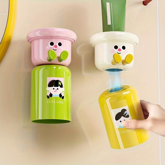 Cartoon Toothbrush Cup Holder Wall Mounted Storage Rack Space Saving Magnetic Upside Down Mouthwash Cups No-Drill Bathroom Organizer
