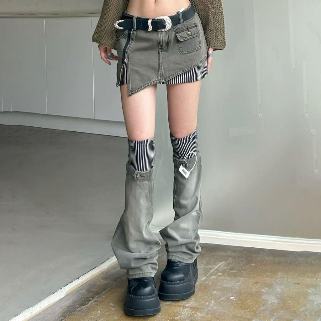 American Retro Patterned Patchwork Denim Suit Half Skirt Women Y2K Irregular Short Skirt Leg Cover Two-piece Set for Wearing