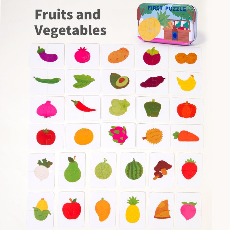 Children Cognition Puzzle Toys Toddler Kids Iron Box Cards Matching Game Cognitive Card Car Fruit Animal Puzzle Pair Puzzles