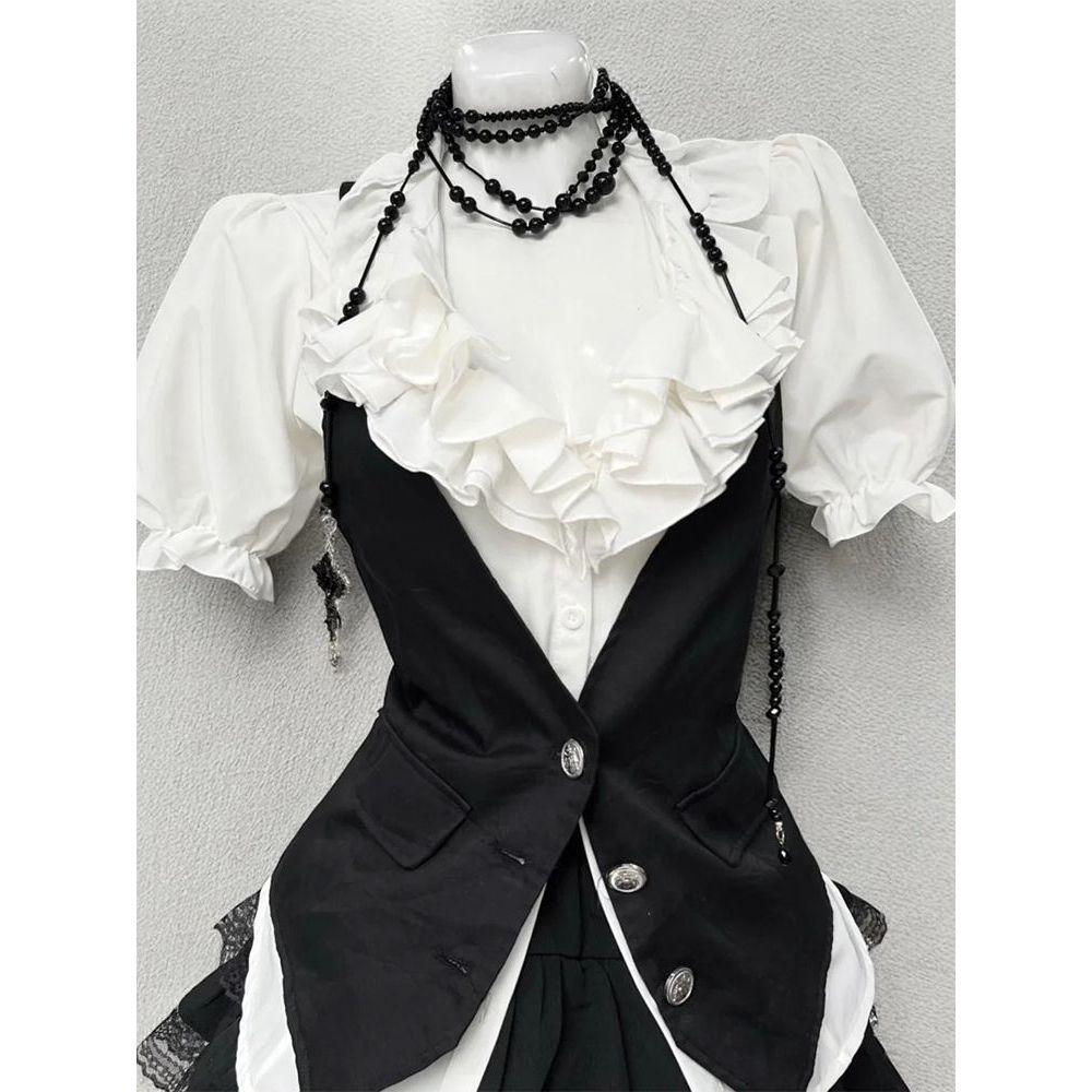 Harajuku Gothic Retro Chic Outfit Women Bubble Sleeve Shirt + Slim Vest + Short Cake Skirt Vintage Fashion 3 Piece Suit
