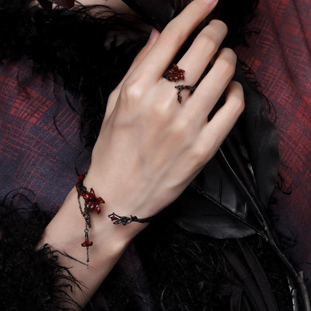 Punk Style Mandala Flower Jewelry Dark Red Earring Retro Gothic Style Rings  Women Accessories