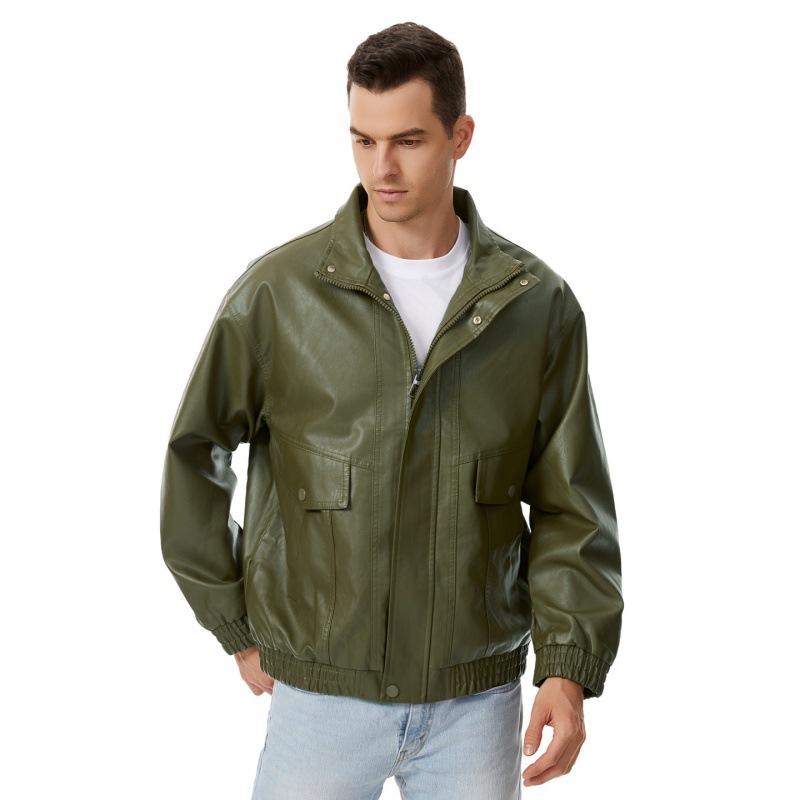 New Fattened Plus Size Leather Jacket Men's PU Leather Tooling Large Size Leather Jacket Men's Stand-Up Collar Locomotive Douyin Cross